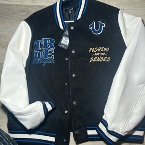 True Religion Black and White Varsity Jacket with Blue Accents